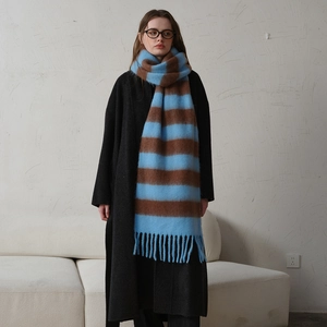 Thick autumn winter plaid scarf in sky blue and dark coffee with fringe details