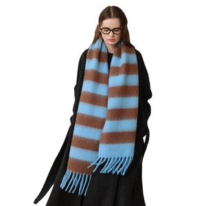 Thick acrylic cashmere checkered scarf in sky blue and brown stripes with long tassels