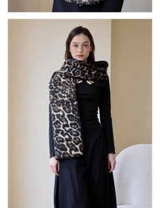 Close-up of stylish leopard print scarf showing thick knit fabric and warm texture