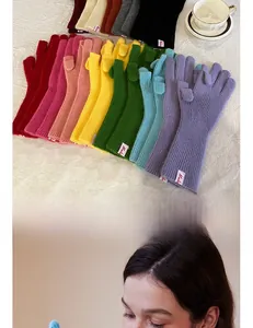Detail shot of multicolor wool knit gloves with flexible finger design and brand labels