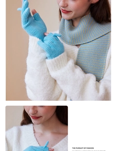 Detail of light blue wool blend ribbed knit fingerless gloves with striped scarf set