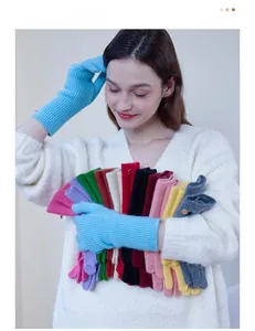Detailed fan-shaped display of knitted wool gloves in various vibrant color options