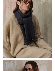 Detail of dark grey wool scarf featuring long tassel fringe and thick knit texture