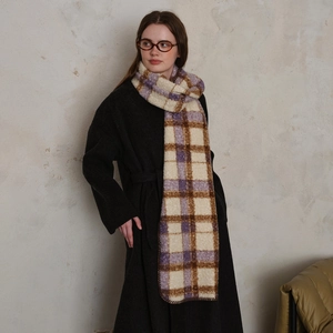 Thick plaid knit scarf with wool texture in purple and beige for winter warmth
