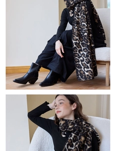 Vertical splice of a model wearing a thick leopard print scarf with black leather boots