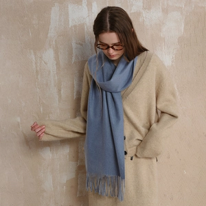 Haze blue wool scarf with tassel fringe for unisex autumn and winter warmth