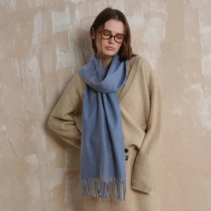 Mist blue wool scarf for men and women with classic fringes and premium soft texture