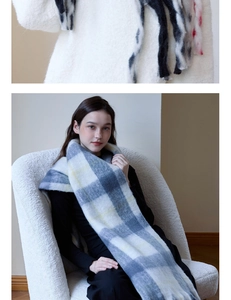 Detail of thick plaid scarf with long fringe and warm cashmere-like soft texture