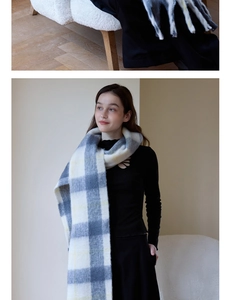 Detailed view of a thick plaid cashmere scarf with long fringe and classic grid pattern