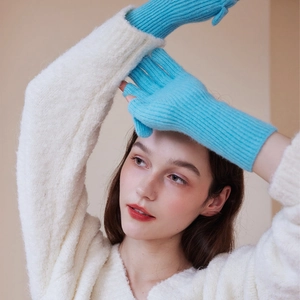 Sky blue wool blend knitted gloves for women with ribbed texture for winter warmth