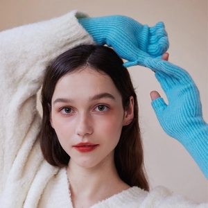 Blue wool knit fingerless gloves for women with long cuffs for winter warmth