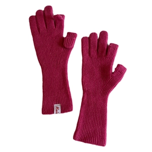 Magenta wool knit fingerless gloves with ribbed texture and Mula brand woven label