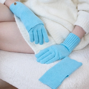 Light blue wool-blend knitted gloves and arm warmer set for winter warmth