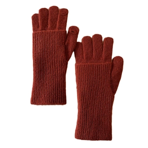 Women's warm knit wool gloves in rust red with long ribbed cuffs and touchscreen thumb slits