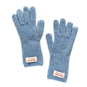 Blue knit touchscreen gloves for women featuring ribbed texture and warm fleece lining
