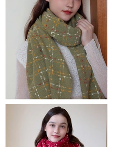 Detailed texture of soft plaid cashmere-like scarf in green and red checkered patterns