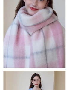 Detail of soft pink and grey checkered plaid scarf with fluffy cashmere-like fringe texture