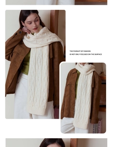 Close-up of white cable knit scarf showing relief vertical stripes and warm wool texture