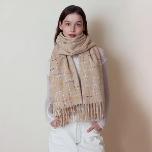 Women's Plaid Tassel Scarf Winter Warm Polyester Checkered Shawl Retro Pattern Color Block Soft Long Scarf Accessory