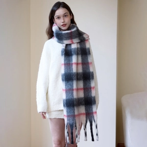 Thick red and black plaid cashmere-like scarf with tassels for winter fashion