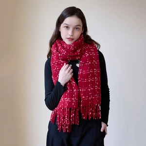 Chic red plaid cashmere-like scarf with tassels, thick winter neck wrap for women