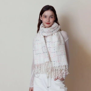 Cream plaid cashmere feel scarf for women with pink and navy patterns and long tassels