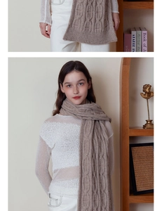 Detail shot of camel thick cable knit scarf texture showing warm chunky braided patterns