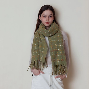 Classic checkered plaid scarf for women in olive green with warm fringed tassels