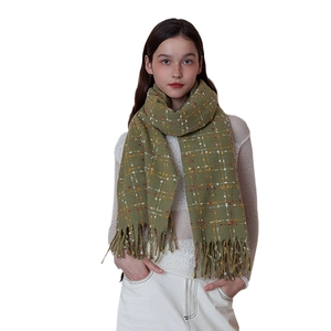 Green plaid knit scarf with colorful woven dots and elegant tassel trim for women