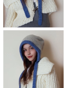 Detail of grey knitted balaclava with blue trim and thick ribbed texture for winter