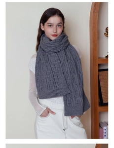 Close-up of dark grey chunky knit scarf with classic cable stitch texture and warm wool feel