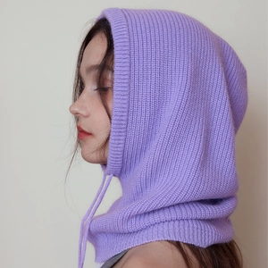 Lila Strick-Balaclava für Damen und Herren mit Kordelzug und weicher Rippenstruktur für Winter