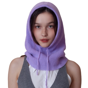 Winter lila Rippstrick-Balaclava Kapuzenschal mit Kordelzug für Kopf- und Halsschutz