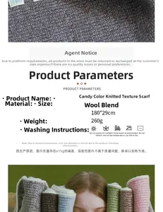 Detailansicht der Strickschal-Textur aus Wollmischung mit Produktdaten und Pflegehinweisen