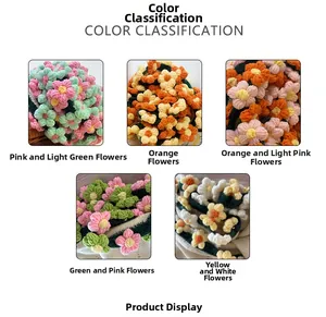 Detail shot of five crochet flower colorways including pink, orange, and yellow patterns