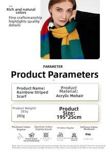 Rainbow striped mohair knit scarf details including size specifications and material chart