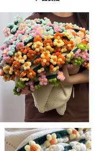 Detailed close-up showing 3D handmade crochet colorful flowers on a cream knitted blanket