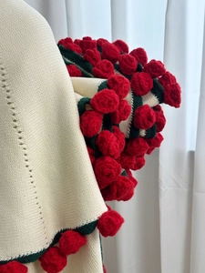 Detail of cream knit blanket featuring 3D red crochet roses and green leaf embroidery