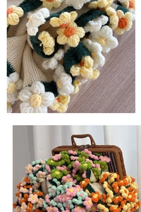 Detailed macro view of multi-color 3D floral hand-knitted texture and crochet stitches