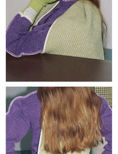 Detail eines Wollgemisch-Strickschals mit Kontrastnähten in Makronen-Lila-Farbe