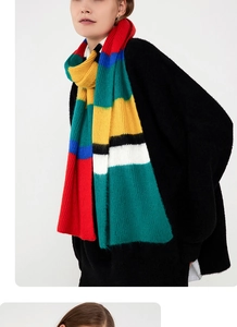 Detail of multi-color striped mohair knit scarf showing thick chunky texture and fibers