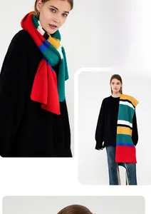 Detailed view of colorful striped knit scarf with long fringe and thick mohair texture