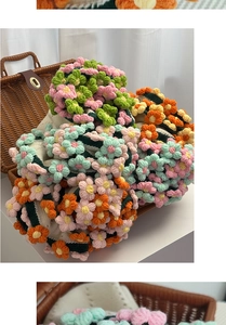 Detailed close-up of handmade crochet flower accessories in a brown woven basket