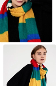 Detailed view of colorful striped mohair knit scarf with vibrant vertical ribbed texture
