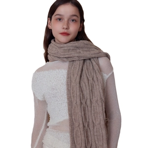 Chunky cable knit winter scarf in camel brown, soft and warm wrap for men and women