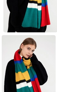Close-up of mohair knit texture and multi-color striped scarf detail for women