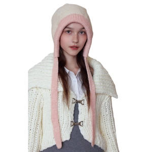 Contrast knit winter balaclava hat with ear flaps in pink and cream for women