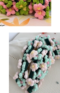 Detail of handmade crochet floral accessories with soft pink and green knitted texture