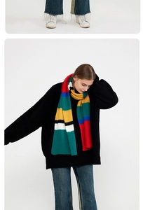 Detailed close-up of thick striped mohair knit scarf with vibrant multi-color patchwork