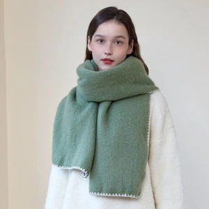 Women Minimalist Thickened Warm Scarf Polyester Solid Color With Whipstitch Edge Korean Style Chic Winter Scarf For Daily Wear